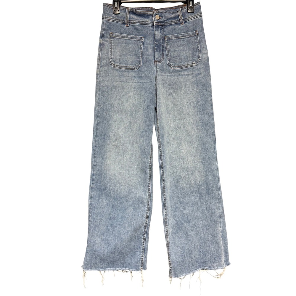 OAT New York Women Light Wash High Rise Wide Leg Raw Hem Patch Pocket Jeans 4/27